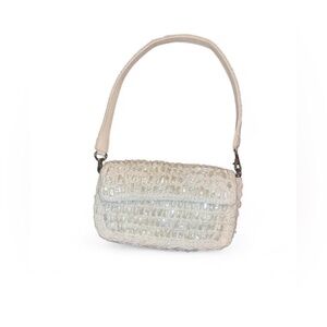 Ivory iridescent shell beaded baguette purse with removable straps New